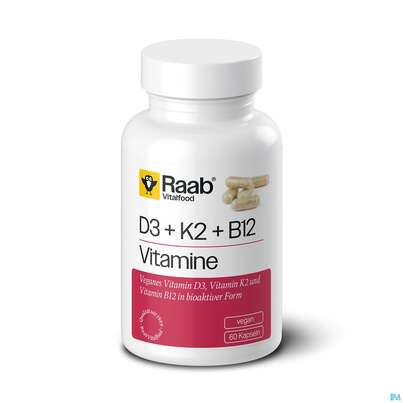Sie sehen eine Packung Vitamin D3+k2+b12 Kapseln Raab 60st, Produktbild: 01 Vitamin D3+k2+b12 Kapseln Raab 60st, A-Nr.: 5871811 - 01
