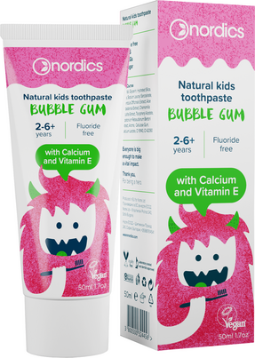 Sie sehen eine Packung Nordics Zahnpasta Kids Bubble Gum ohne Fluor, Produktbild: 01 Nordics Zahnpasta Kids Bubble Gum ohne Fluor, A-Nr.: 5332209 - 01