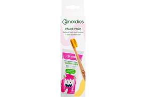 Nordics Zahnpasta Kids Bubble Gum + Öko Zahnbürste Kids Bambus Gelb, A-Nr.: 5666896 - 01