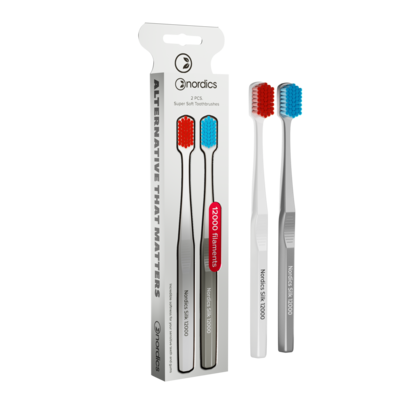 Sie sehen eine Packung Nordics Öko Zahnbürste Silk Soft 12.000 Borsten 2er Pack, Produktbild: 01 Nordics Öko Zahnbürste Silk Soft 12.000 Borsten 2er Pack, A-Nr.: 5799580 - 01
