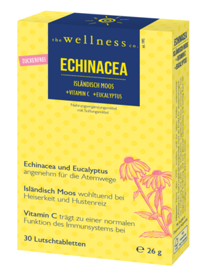 Sie sehen eine Packung Wellness ECHINACEA + ISLÄNDISCH MOOS + VITAMIN C + EUCALYPTUS, Produktbild: 01 Wellness ECHINACEA + ISLÄNDISCH MOOS + VITAMIN C + EUCALYPTUS, A-Nr.: 4597006 - 01