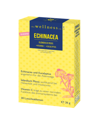 Sie sehen eine Packung Wellness ECHINACEA + ISLÄNDISCH MOOS + VITAMIN C + EUCALYPTUS, Produktbild: 02 Wellness ECHINACEA + ISLÄNDISCH MOOS + VITAMIN C + EUCALYPTUS, A-Nr.: 4597006 - 02