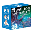 Sie sehen eine Packung WELL223-25 Wellion Safetylancets 23G, 100 Stück, Produktbild: 01 WELL223-25 Wellion Safetylancets 23G, 100 Stück, A-Nr.: 4796711 - 01