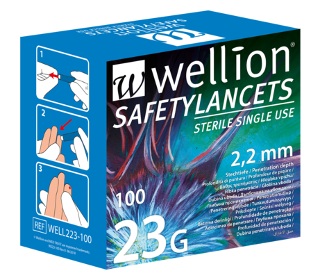 Sie sehen eine Packung WELL223-25 Wellion Safetylancets 23G, 100 Stück, Produktbild: 01 WELL223-25 Wellion Safetylancets 23G, 100 Stück, A-Nr.: 4796711 - 01