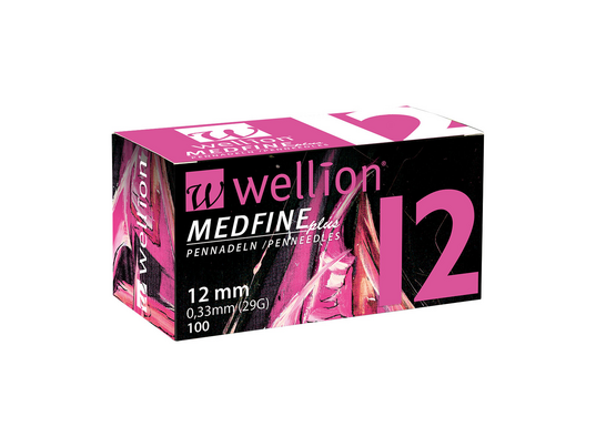 Sie sehen eine Packung WELL112 Wellion MEDFINE plus Pennadeln, 12 mm, 100 Stück, Produktbild: 01 WELL112 Wellion MEDFINE plus Pennadeln, 12 mm, 100 Stück, A-Nr.: 3480118 - 01
