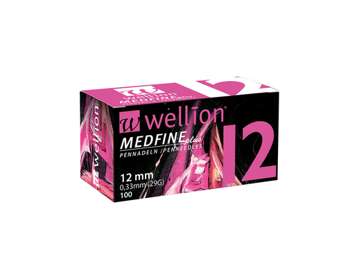 Sie sehen eine Packung WELL112 Wellion MEDFINE plus Pennadeln, 12 mm, 100 Stück, Produktbild: 02 WELL112 Wellion MEDFINE plus Pennadeln, 12 mm, 100 Stück, A-Nr.: 3480118 - 02
