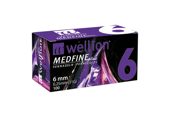 Sie sehen eine Packung WELL106 Wellion MEDFINE plus Pennadeln, 6 mm, 100 Stück, Produktbild: 01 WELL106 Wellion MEDFINE plus Pennadeln, 6 mm, 100 Stück, A-Nr.: 3480070 - 01