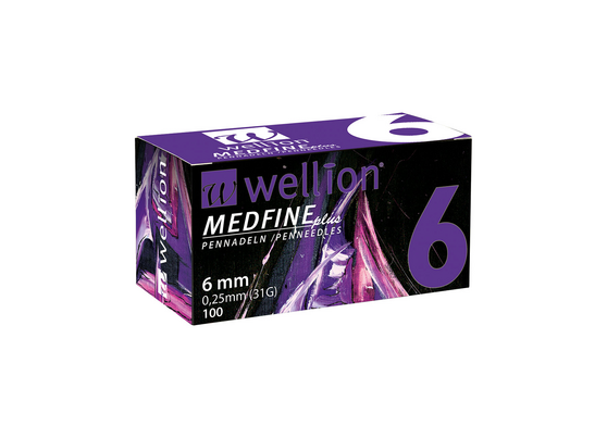 Sie sehen eine Packung WELL106 Wellion MEDFINE plus Pennadeln, 6 mm, 100 Stück, Produktbild: 02 WELL106 Wellion MEDFINE plus Pennadeln, 6 mm, 100 Stück, A-Nr.: 3480070 - 02