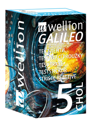 Sie sehen eine Packung WELL10-11CHOL Wellion GALILEO Cholesterin Teststreifen, 5 Stück, Produktbild: 01 WELL10-11CHOL Wellion GALILEO Cholesterin Teststreifen, 5 Stück, A-Nr.: 4553629 - 01