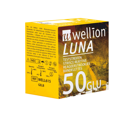 Sie sehen eine Packung Wellion LUNA Teststreifen GLU - für Blutzuckermessung, Produktbild: 01 Wellion LUNA Teststreifen GLU - für Blutzuckermessung, A-Nr.: 4041059 - 01