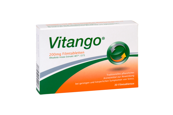Sie sehen eine Packung Vitango® 200 mg Filmtabletten, Produktbild: 01 Vitango® 200 mg Filmtabletten, A-Nr.: 3539202 - 01