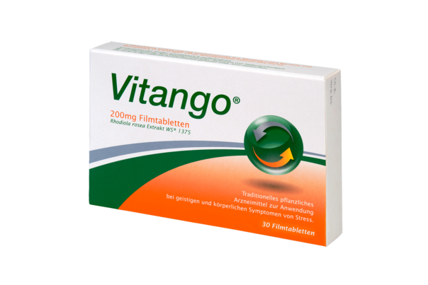 Sie sehen eine Packung Vitango® 200 mg Filmtabletten, Produktbild: 02 Vitango® 200 mg Filmtabletten, A-Nr.: 3539202 - 02