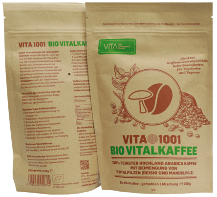 Sie sehen eine Packung VITA1001 - Bio Vitalkaffee (PREMIUM REISHI-Kaffee) | 250g, Produktbild: 02 VITA1001 - Bio Vitalkaffee (PREMIUM REISHI-Kaffee) | 250g, A-Nr.: 4041786 - 02