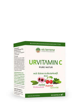 Sie sehen eine Packung vis terrena® URVITAMIN C Kapseln (NEUE PRODUKTBEZEICHNUNG - VORMALS: vis terrena® PHYTO C PLUS Kapseln), Produktbild: 01 vis terrena® URVITAMIN C Kapseln (NEUE PRODUKTBEZEICHNUNG - VORMALS: vis terrena® PHYTO C PLUS Kapseln), A-Nr.: 5403122 - 01