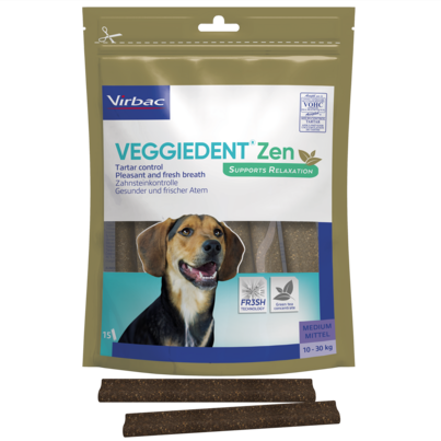 Sie sehen eine Packung Veggiedent Zen M - Kaustreifen für Hunde von 10 bis 30 kg Körpergewicht, Produktbild: 01 Veggiedent Zen M - Kaustreifen für Hunde von 10 bis 30 kg Körpergewicht, A-Nr.: 5174934 - 01