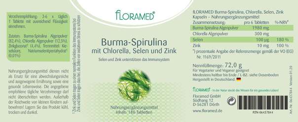 Sie sehen eine Packung Floramed Burma-Spirulina mit Chlorella, Selen und Zink, Produktbild: 01 Floramed Burma-Spirulina mit Chlorella, Selen und Zink, A-Nr.: 4390067 - 01