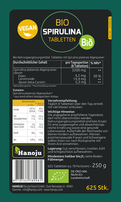 Sie sehen eine Packung Hanoju Spirulina Tabletten Bio, Produktbild: 02 Hanoju Spirulina Tabletten Bio, A-Nr.: 4256127 - 02