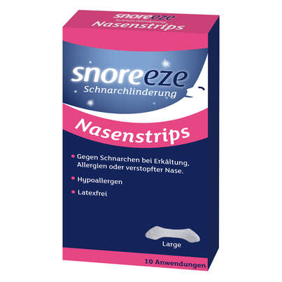 Sie sehen eine Packung Snoreeze Nasenstrips Large, Produktbild: 01 Snoreeze Nasenstrips Large, A-Nr.: 4840926 - 01