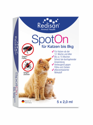 Sie sehen eine Packung Redisan Spot On Katzen 5x2 ml, Produktbild: 01 Redisan Spot On Katzen 5x2 ml, A-Nr.: 5710829 - 01