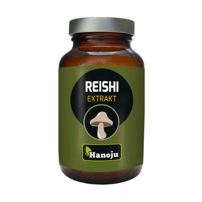 Sie sehen eine Packung Hanoju Reishi Pilz Extrakt Tabletten 400mg, Produktbild: 01 Hanoju Reishi Pilz Extrakt Tabletten 400mg, A-Nr.: 4385379 - 01