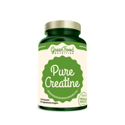 Sie sehen eine Packung GreenFood Nutrition Pure Creatine 120 Kapseln, Produktbild: 01 GreenFood Nutrition Pure Creatine 120 Kapseln, A-Nr.: 5634809 - 01