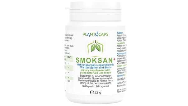 Sie sehen eine Packung plantoCAPS SMOKSAN+ Kapseln, Produktbild: 02 plantoCAPS SMOKSAN+ Kapseln, A-Nr.: 4606780 - 02