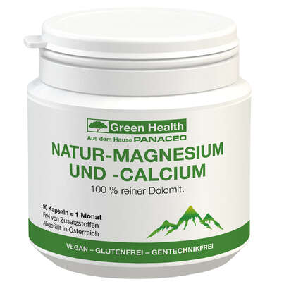Sie sehen eine Packung Green Health NATUR-MAGNESIUM UND -CALCIUM, Produktbild: 01 Green Health NATUR-MAGNESIUM UND -CALCIUM, A-Nr.: 4828204 - 01