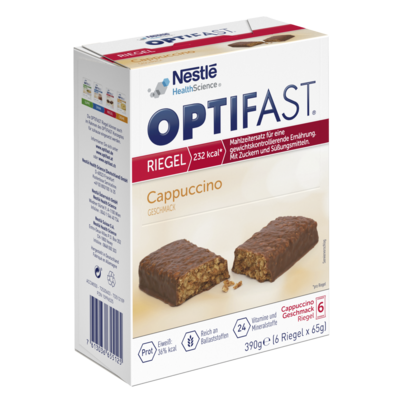 Sie sehen eine Packung Optifast® Riegel Cappuccino, Produktbild: 01 Optifast® Riegel Cappuccino, A-Nr.: 3945511 - 01