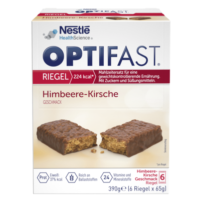 Sie sehen eine Packung OPTIFAST® Riegel Himbeere Kirsche, Produktbild: 01 OPTIFAST® Riegel Himbeere Kirsche, A-Nr.: 4835925 - 01