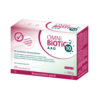 Sie sehen eine Packung OMNi-BiOTiC® 10 AAD, 20 Sachets a 5g, Produktbild: 01 OMNi-BiOTiC® 10 AAD, 20 Sachets a 5g, A-Nr.: 4741868 - 01