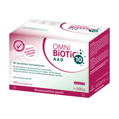 Sie sehen eine Packung OMNi-BiOTiC® 10 AAD, 10 Sachets a 5g, Produktbild: 01 OMNi-BiOTiC® 10 AAD, 10 Sachets a 5g, A-Nr.: 4741874 - 01