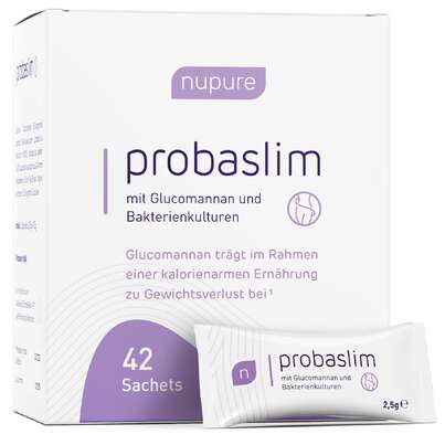 Sie sehen eine Packung nupure probaslim mit Glucomannan und Bakterienkulturen, Produktbild: 01 nupure probaslim mit Glucomannan und Bakterienkulturen, A-Nr.: 5779034 - 01