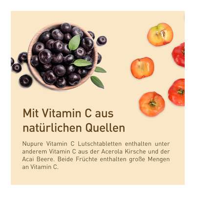 Sie sehen eine Packung Nupure vitamin C Lutschtabletten Acerola & Acai, Produktbild: 04 Nupure vitamin C Lutschtabletten Acerola & Acai, A-Nr.: 5779057 - 04
