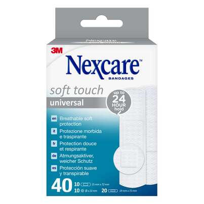 Sie sehen eine Packung Nexcare™ Soft Touch Universal Pflaster, assortiert, 40/Packung, Produktbild: 01 Nexcare™ Soft Touch Universal Pflaster, assortiert, 40/Packung, A-Nr.: 5680703 - 01