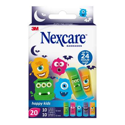 Sie sehen eine Packung Nexcare™ Kinderpflaster Happy Kids Monster, assortiert, 20/Packung, Display, Produktbild: 01 Nexcare™ Kinderpflaster Happy Kids Monster, assortiert, 20/Packung, Display, A-Nr.: 4833464 - 01