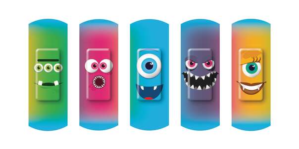 Sie sehen eine Packung Nexcare™ Kinderpflaster Happy Kids Monster, assortiert, 20/Packung, Display, Produktbild: 02 Nexcare™ Kinderpflaster Happy Kids Monster, assortiert, 20/Packung, Display, A-Nr.: 4833464 - 02