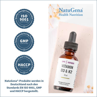 Sie sehen eine Packung NatuGena EPI-GENES Vitamin D3 + K2 Tropfen, Produktbild: 03 NatuGena EPI-GENES Vitamin D3 + K2 Tropfen, A-Nr.: 5699602 - 03