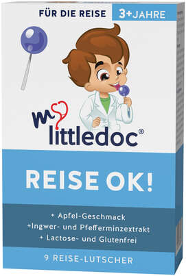 Sie sehen eine Packung mylittledoc® REISE OK! Lutscher, Produktbild: 01 mylittledoc® REISE OK! Lutscher, A-Nr.: 5762447 - 01