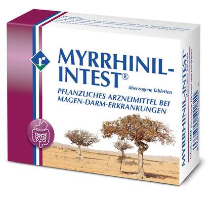 Sie sehen eine Packung MYRRHINIL-INTEST ® überzogene Tabletten, Produktbild: 01 MYRRHINIL-INTEST ® überzogene Tabletten, A-Nr.: 5501824 - 01