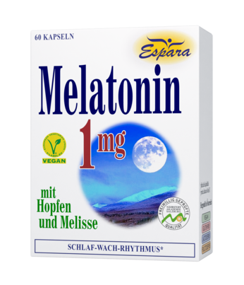 Sie sehen eine Packung Espara Melatonin 1mg Kapseln, Produktbild: 01 Espara Melatonin 1mg Kapseln, A-Nr.: 5427163 - 01