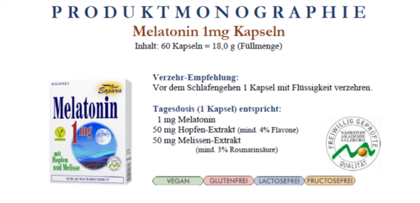 Sie sehen eine Packung Espara Melatonin 1mg Kapseln, Produktbild: 03 Espara Melatonin 1mg Kapseln, A-Nr.: 5427163 - 03