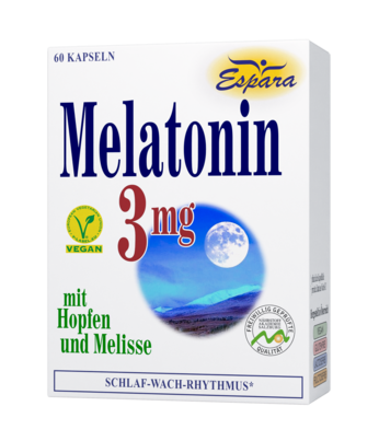 Sie sehen eine Packung Espara Melatonin 3mg Kapseln, Produktbild: 01 Espara Melatonin 3mg Kapseln, A-Nr.: 3957394 - 01