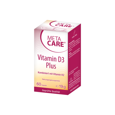 Sie sehen eine Packung META-CARE® Vitamin D3 Plus, 60 Kapseln, Produktbild: 01 META-CARE® Vitamin D3 Plus, 60 Kapseln, A-Nr.: 5583006 - 01