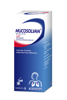Sie sehen eine Packung Mucosolvan® 30 mg / 5 ml - Saft, Produktbild: 01 Mucosolvan® 30 mg / 5 ml - Saft, A-Nr.: 3517985 - 01