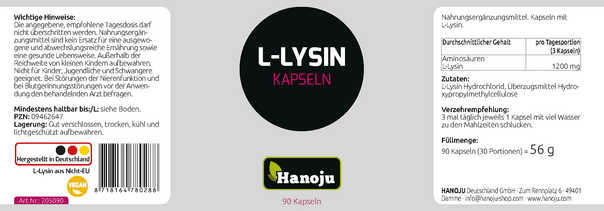 Sie sehen eine Packung Hanoju L-Lysin Kapseln 500mg, Produktbild: 02 Hanoju L-Lysin Kapseln 500mg, A-Nr.: 4255518 - 02