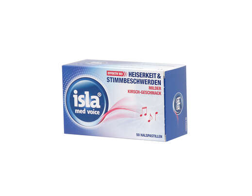 Sie sehen eine Packung isla med voice Halspastillen mit mildem Kirschgeschmack 50 Stück, Produktbild: 01 isla med voice Halspastillen mit mildem Kirschgeschmack 50 Stück, A-Nr.: 4767684 - 01