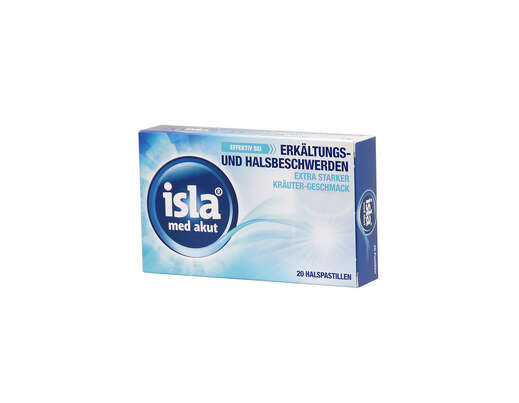 Sie sehen eine Packung isla med akut Halspastillen 20 Stück, Produktbild: 01 isla med akut Halspastillen 20 Stück, A-Nr.: 4266918 - 01