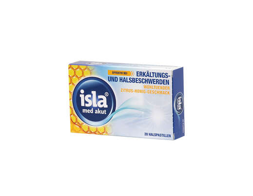 Sie sehen eine Packung isla med akut Zitrus-Honig Halspastillen 20 Stück, Produktbild: 01 isla med akut Zitrus-Honig Halspastillen 20 Stück, A-Nr.: 5047443 - 01
