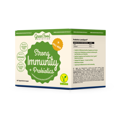 Sie sehen eine Packung GreenFood Nutrition Strong Immunity & Probiotics + Pillbox, Produktbild: 02 GreenFood Nutrition Strong Immunity & Probiotics + Pillbox, A-Nr.: 5634956 - 02