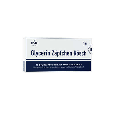 Sie sehen eine Packung Glycerin Zäpfchen Rösch 1g 10 Stk., Produktbild: 01 Glycerin Zäpfchen Rösch 1g 10 Stk., A-Nr.: 1304570 - 01